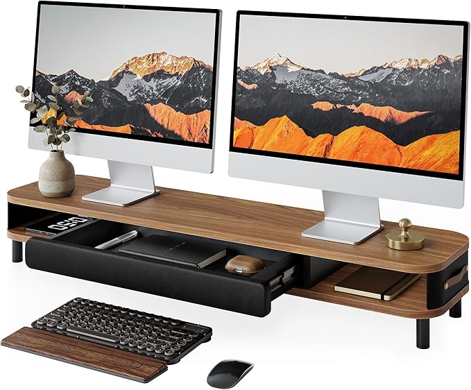 Fenge Monitor Stand with Large Drawer, 42.5 Inch Dual Monitor Riser for 2 Monitors, Ergonomic Computer Desk Shelf with Soft Touch Leather & Storage Organizer for Laptop, Computer, TV, PC, Printers