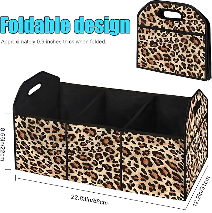 Classic Leopard SUV Car Trunk Organizer Accessories 50L Collapsible Car Storage Bag 3 Compartment Caddy Waterproof Foldable