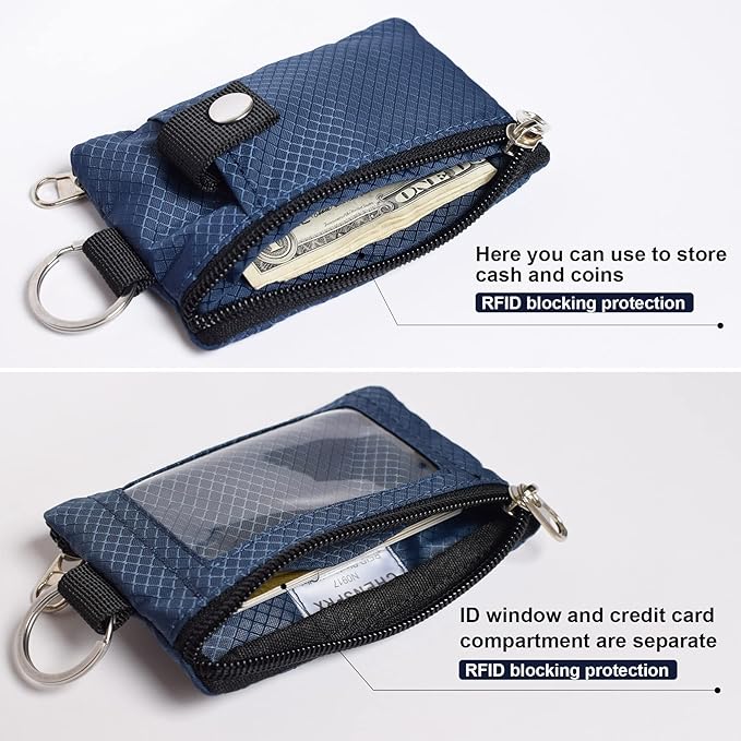 CHENSPRX Minimalist RFID Blocking Small Wallet with ID Window,WaterResistant Zip Id Case Wallet with Lanyard Keychain for Cards,Cash,Travel,Women,Men