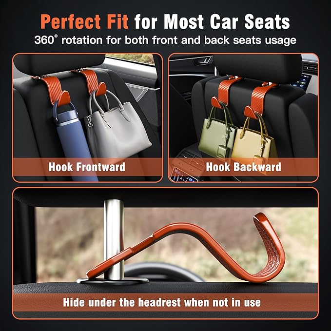 Amooca Car Seat Headrest Hook 4 Pack Hanger Universal Vehicle Car Storage Organizer for Handbag Purse Coat S Type Checkered Orange