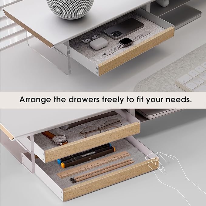 Fenge 42.5??Dual Monitor Stand with 2 Drawers, Metal Wood Monitor Riser with Acrylic Legs, 2-Tier Desktop Shelf Storage Organizer for Computer, Laptop, Printer, TV, White