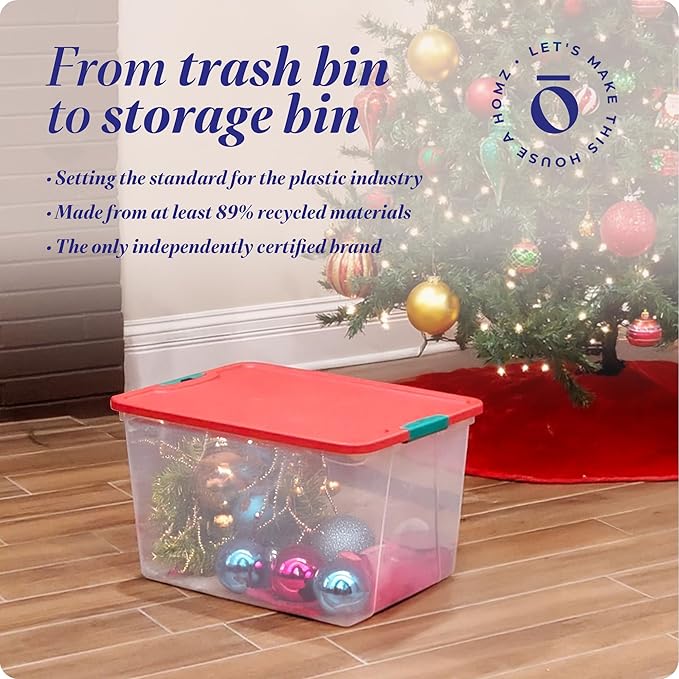 HOMZ 2 Pack Secure Latch, Clear Plastic Storage Organizer Bins, 64 Quart, Red Lid - Stackable Container Boxes for Bedroom, Bathroom, Garage, and Office Organization