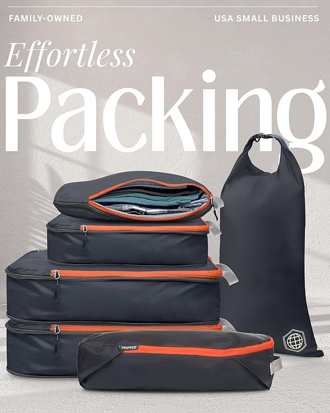Compression Packing Cubes for Travel, 6-Piece Lightweight Packing Cubes Set for Carry-On Luggage & Backpacks – TRIPPED Travel Gear (Grey and Orange)