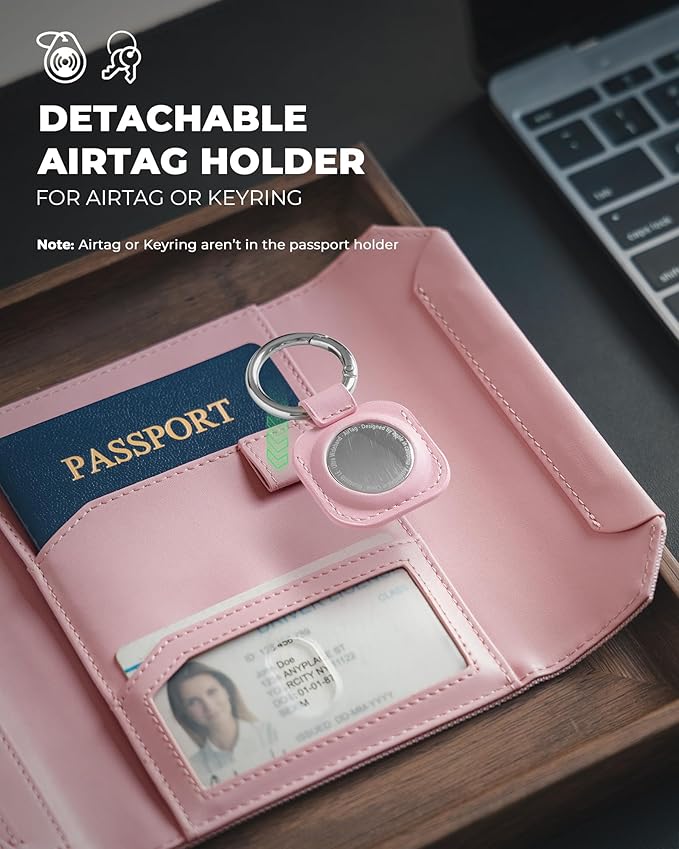 VULKIT Passport Wallet with Detachable AirTag Holder, Vegan Leather Passport Holder, RFID Blocking, Travel Essential, Magnetic Closure, Pink