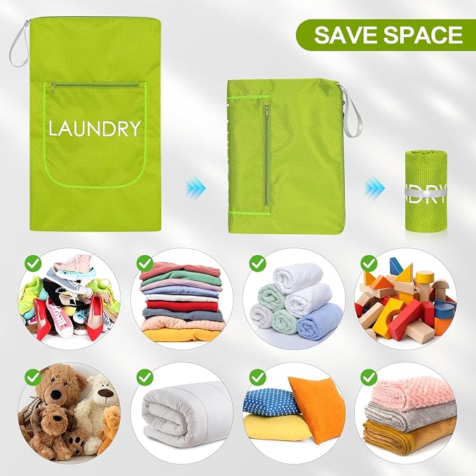 Weesiber 2 Pack Laundry Bags - Foldable Travel Dirty Clothes Organizer with Zipper, Washable Wet Dry Bag for Gym, Swimming, Yoga, and Workout Bathing Suits (Green, Small+ Large)