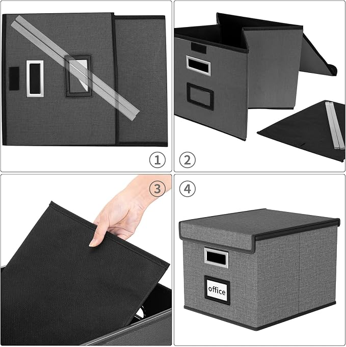 File Organizer Box with Lid, Collapsible File Folder Organizer for Office Document Storage, Filing Box with Plastic Slide for Letter Size Hanging File Folders(1 Pack, Dark Grey)