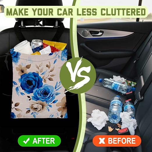 Car Garbage Bag Vintage Blue Roses Hanging Canvas Car Trash Bag Waterproof Drawstring Car Back Seat Organizer for Car Back Front Seat Console with Adjustable Buckle