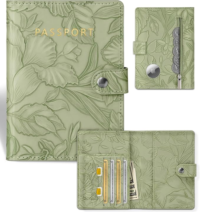 Slohif Floral Embossed Passport Wallet - Elegant Passport Wallet with AirTag Holder & RFID Blocking Slim Vegan Leather Passport Cover with Money Pocket and Card Slots Sage Green