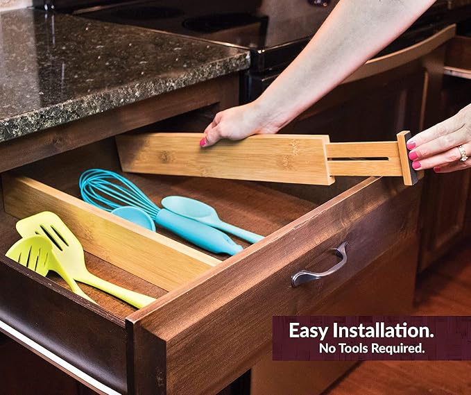 MEKBOK 4-pack Bamboo Kitchen Drawer Divider, Adjustable Drawer Storage, Spring loaded, Suitable for kitchens, Dressing tables, Bathrooms, bedrooms, Drawers, Desks