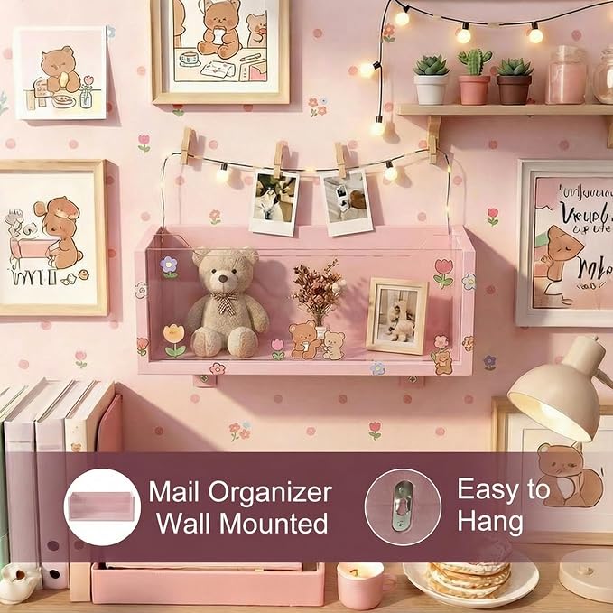 Aesthetic Pink Mail Organizer with Clear Acrylic Dividers - Adjustable Desk & Wall Mount Letter Holder, Modern Paper Sorter for Home Office Decor