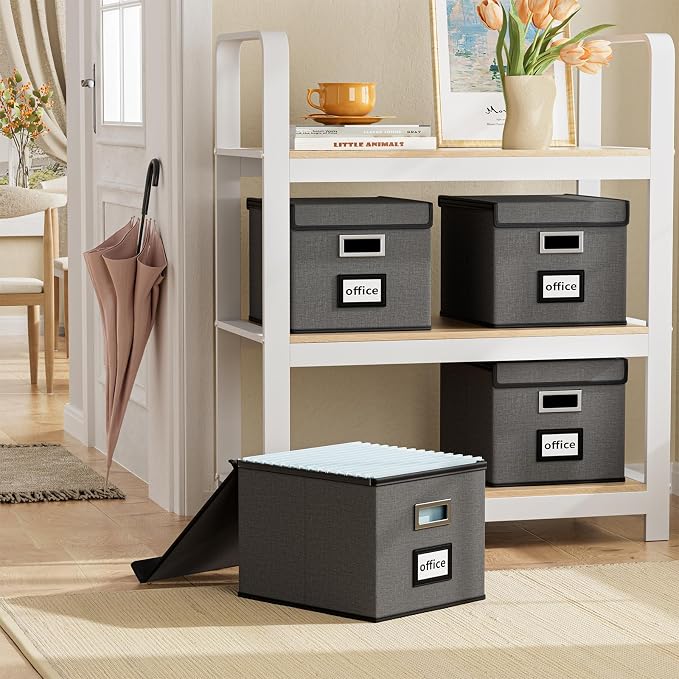 File Organizer Boxes with Lids, Linen Office Document Storage Boxes, Filing Boxes, Decorative Small File Boxes for Hanging Files with Plastic Slide for Office/Cabinet/Decor/Home