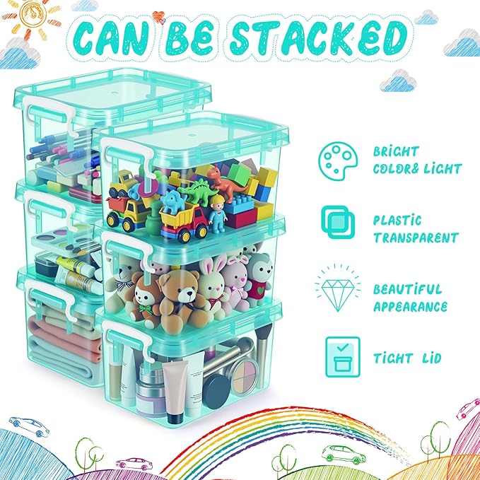 Wenqik 6 Pack Colorful Plastic Storage Bins with Lids 4 Quart Small Storage Latch Box Stackable and Nestable Clear Organizer Bins with Latching Handle and Buckle for Organizing (Teal)