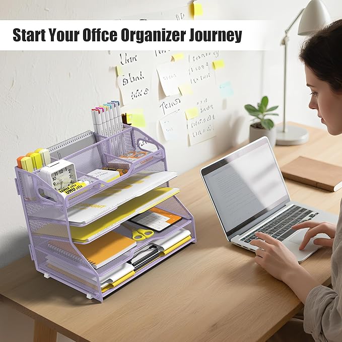 YINGHUA 5 Tier Paper Tray Letter Organizer with Top 6 Adjustable Compartments - Paper Sorter Office Desktop Accessories with Handles for Document,Mail,School Supplies Storage,Purple