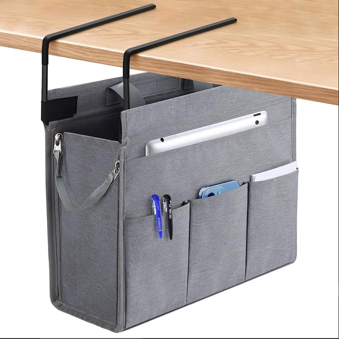 MASTLU Under Desk Hanging Storage Bag, Desk Organizer Storage, Office Side Storage Bag, Compatible with A4 Files, Detachable Handle Design, No Assembly Required, For Office Home School (Grey)