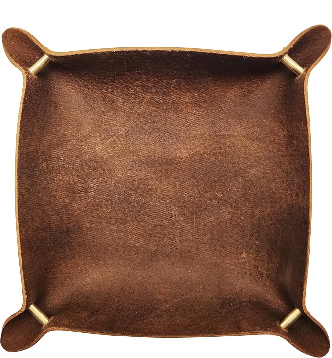 Leather Valet Tray Entryway Catchcall Tray Nightstand Organizer Storage for Wallets Watches Keys Holder Dish Bowl Coins Office Desk Accessory (Antique Brown-Oil Wax Leather).