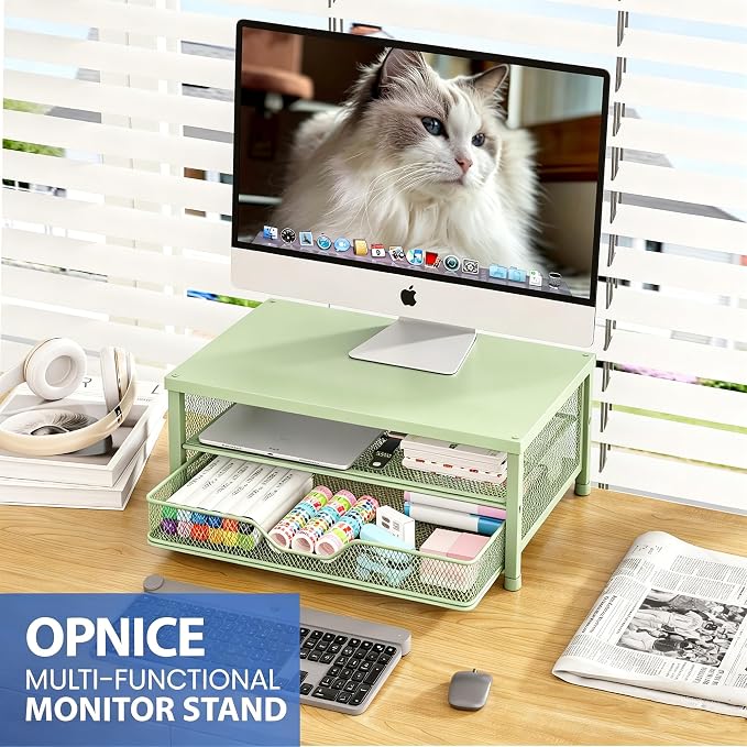 OPNICE Computer Monitor Stand Riser, Desk Organizer with Drawer, Printer & Laptop Stand, Office Desk Accessories & Workspace Desktop Organizers Storage for Office Supplies(Green)