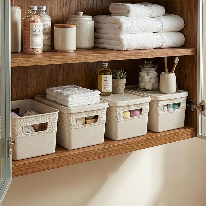 BINO | Plastic Storage Bins with Lids, 5 Liter - 3 Pack, Natural | THE BRAIDED COLLECTION | Plastic Bins for Organization Woven Storage Baskets for Organizing Pantry Shelf Organizer Basket Bin