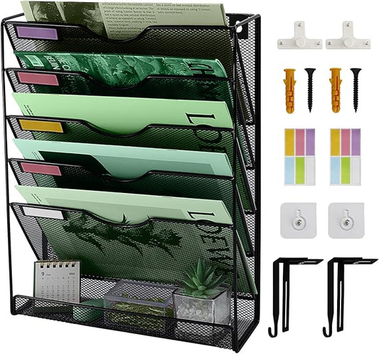6-Tier Mesh Wall File Holder Organizer with Bottom Flat Tray, Vertical Hanging File Organizer, Office Hanging File Folder Magazine Rack, Nametag Label Hooks Set Included, Black