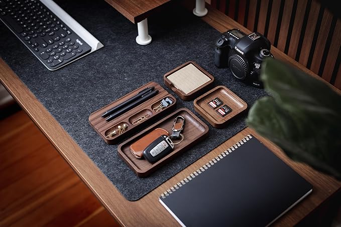 MUUJEE Wooden Desk Organization 4 Piece Set - for Desk Accessories Work Teacher Dad Wood Tray Work Minimalist Rustic