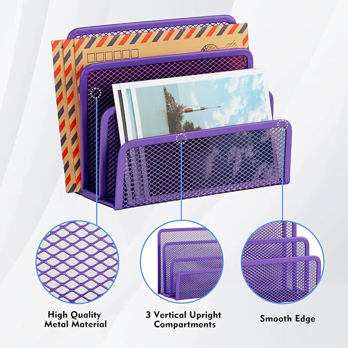 EASEPRES Desk Mail Organizer, Office Small Desktop Metal Mesh Envelope Letter Sorter Paper File Holder Organizer with 3 Vertical Upright Compartments, Purple 1 Pack