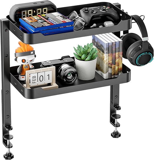 ARES WING 2-Tier Clamp On Desk Shelf, 16 inch Adjustable Above or Under Desk Storage Shelves Holds 66 lbs, Heavy Duty Desktop Organizer with Headphone Holder for Working and Gaming Accessories, Black