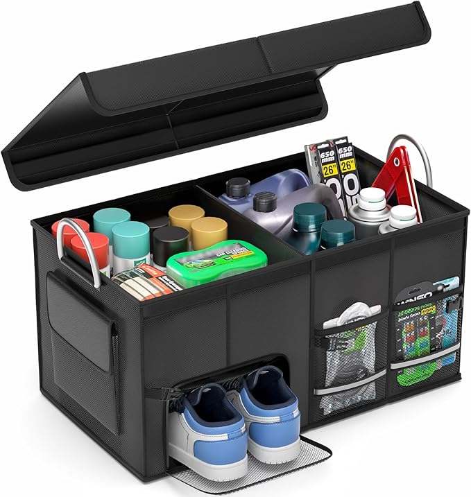 Car Trunk Organizer for SUV 50L Car Caddy Golf Trunk Organizer with Lid Collapsible Truck Storage Bin Large Compartment Car Grocery Organizer with 4 Pockets Handle Shoe Organizer Cargo Van Jeep Sedan