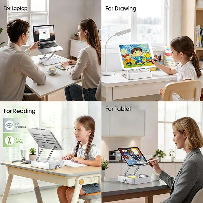 Laptop Stand with Storage Drawer, Adjustable Ergonomic Laptop Riser for Desk, Heavy-Duty Metal Stand for 10??6??Laptops, Space-Saving Desk Organizer for Remote Work & Home Office, Silver