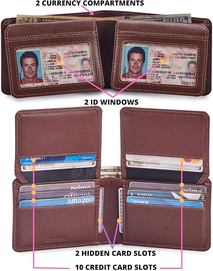 Cochoa Wallet for Men Bifold Leather RFID Blocking High Capacity Slim Card Case with 2 ID Window for Gift (Nappa, Cognac)