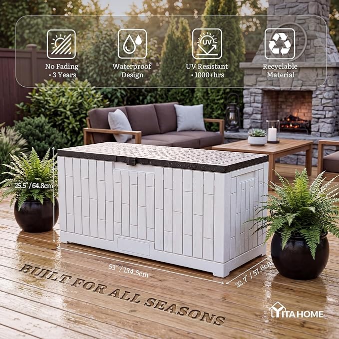 YITAHOME 120 Gallon Outdoor Storage Deck Box, Large Resin Patio Storage with Slide-Locking Black Lid, 2-Person Bench Seat for Outdoor Pillows, Garden Tools & Pool-Supplies, Waterproof, Grayish-White