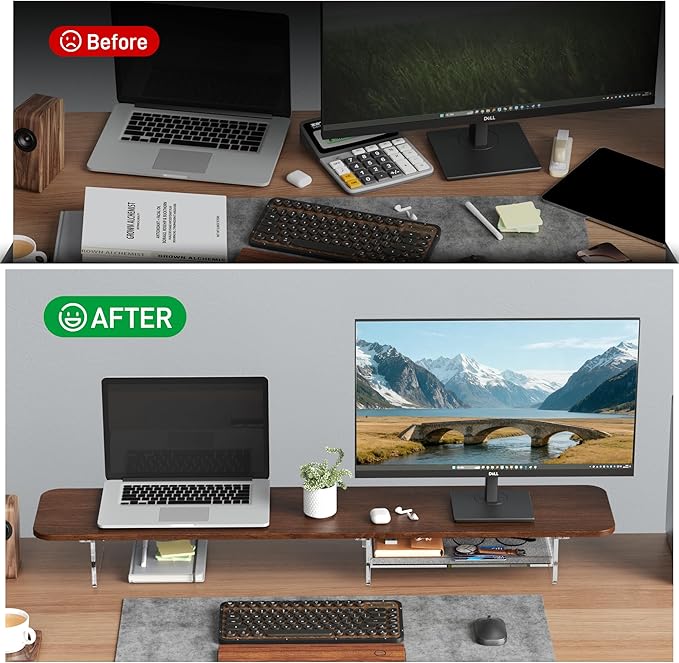 AFOOYO Large Dual Monitor Stand For Desk,43 Inch Desktop Computer Riser with Felt Drawer Acrylic Legs Desk Shelf Organizer For Computer/Laptop/PC/Printer/TV
