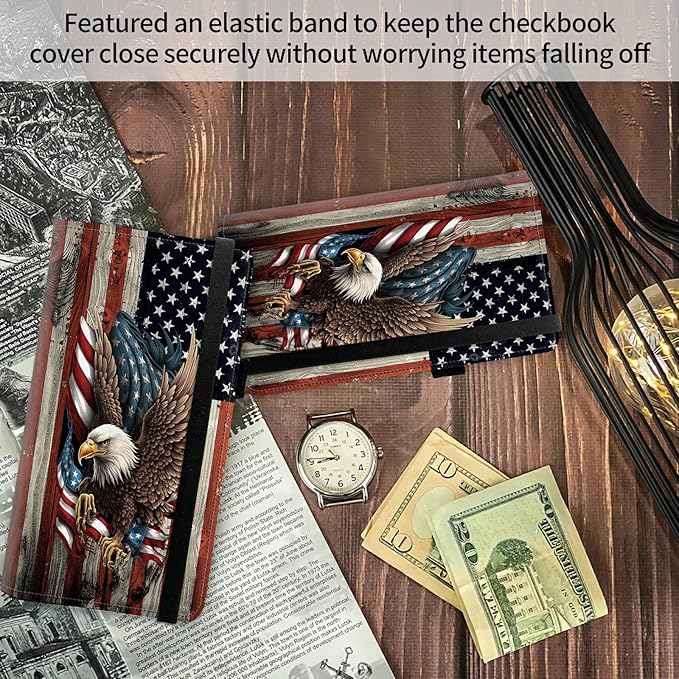 FUYOCWE Leather Checkbook Cover for Men Women Check book Holder Cover Wallets for Personal Checkbook Checks with RFID Blocking & Elastic Strap-Bald Eagle with Flag