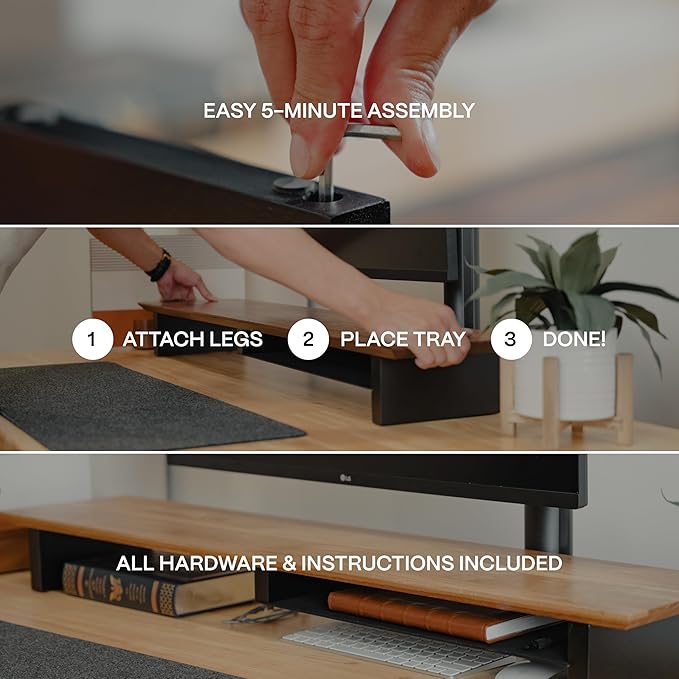 COREMINDED Solid Wood Dual Monitor Stand Riser ??43" Oak Desk Shelf for 2 Monitors with Tray & Wool Felt, Organizer for Desktop, Laptop and Office (Solid Oak)