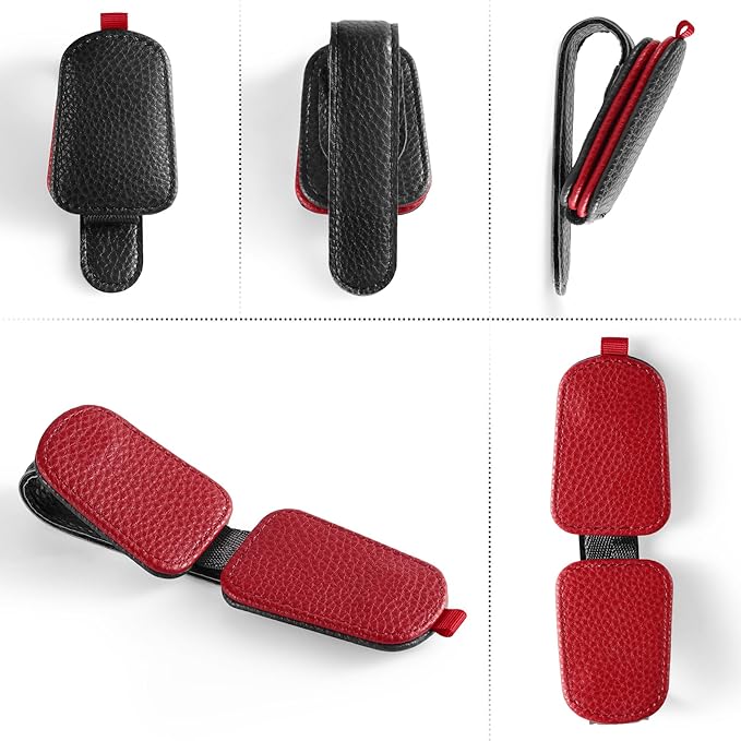 SINGARO Sunglasses Holder for Car, Leather Magnetic Buckle Sun Visor Sunglass Clip, Ticket Card Storage Glasses Clip, Car Interior Accessories for Men and Women（2PCS Black-red）