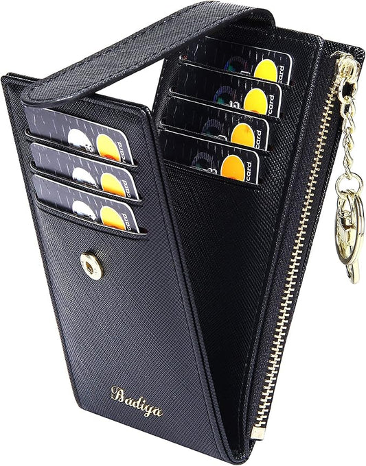 Badiya Slim Women Wallet RFID Blocking Bifold Compact 9 Card Slots Holder Wallets Soft Leather with Zipper Coin Pocket 2 ID Window