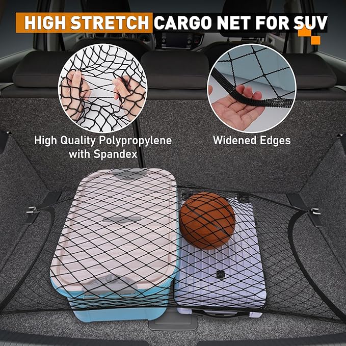 Kaskawise Elastic Cargo Net for SUV,Universal Truck Net Organizer with Storage Bag,32"x24" Stretch to 56"x42" Small Cargo NetBungee Mesh Cargo Hold for Car,Truck,Pickup,RV,Road Trip Essentials