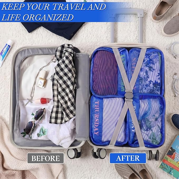 Days of Week Packing Cubes Weekly Organizer Travel Storage Bag School Clothes for Kids Summer Camp Family(9x7x3inch,Blue,15)