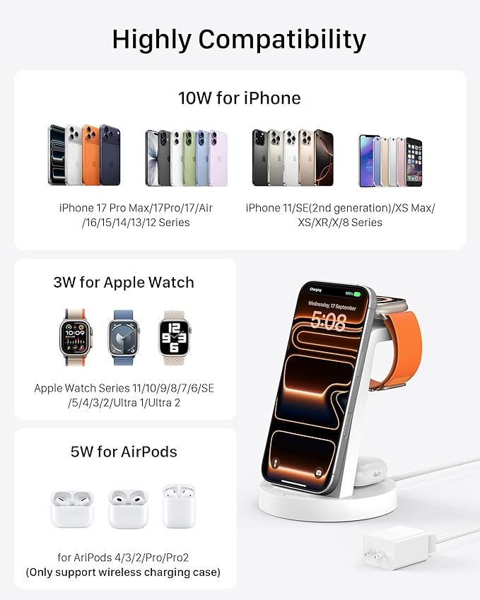 Anlmz 3 in 1 Charging Station for iPhone, Wireless Charger for iPhone 17 16e 16 15 14 13 12 11 X Pro Max & Apple Watch - Wireless Charging Station for AirPods 4 3 Pro