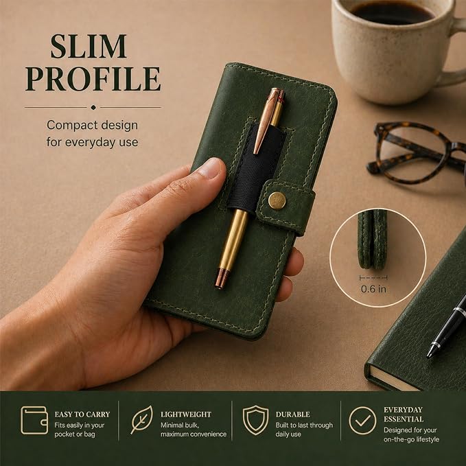 Genuine Leather Checkbook Cover Green - Handmade Check Holder with Divider & ID Window, Slim Organizer Wallet for Business, Travel & Everyday Use, 3.5 x 7 in