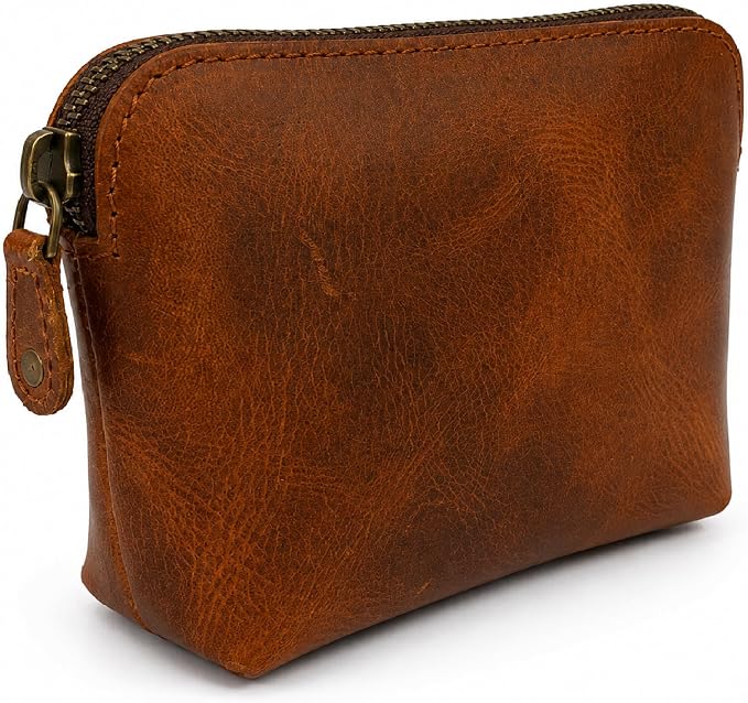 Full Grain Leather Cosmetic Bag – Zippered Makeup Pouch for Women, Small Travel Toiletry & Organizer Pouch for Purse, Premium Handmade Leather (5 × 4 × 2.5 in)