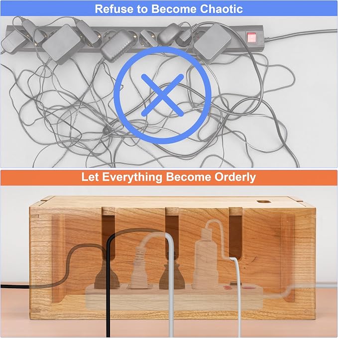 Elitzia Wood Cable Tidy Box Large Desk Cable Management Box Cord Wire Organiser for Hiding Messy Cables Wire Management Natural Cherry Wood Cables Storage Tidy Boxs for Home Salon SPA Office ETCHER01