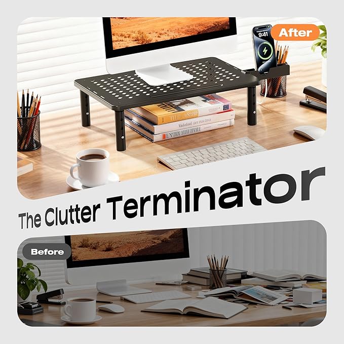 Computer Monitor Stand Riser for Desk, 3 Height Adjustable PC Laptop TV Desktop Monitor Stand Shelf, Metal Printer Table with Phone Holder, Stand Riser for Desk, Office Desk Organizers and Accessories, 2 Pack