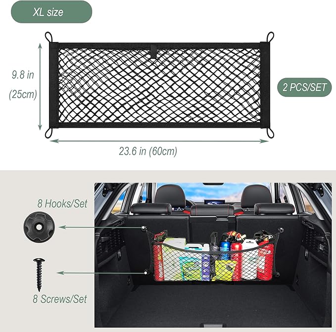 2 Layer Small Cargo Net,Cargo Storage Pocket Net, Mesh Elastic Pouch Organizer with Mounting Screws Hooks for Car,Rv, Trunk,Boats,SUV, Truck (2 Pack, 23.6 x 9.8Inch(60 x25cm)