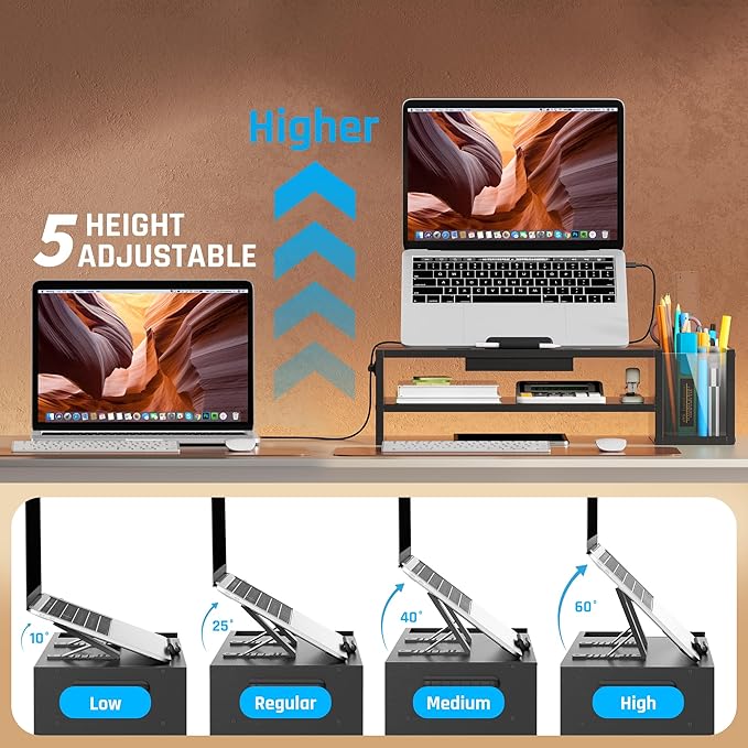 Adjustable Wood Laptop Stand, Ergonomic Height & Angle Computer Riser with Pen Holder – Compatible with MacBook Air/Pro, Dell, HP, Lenovo & 10-17.3" Notebooks – Black