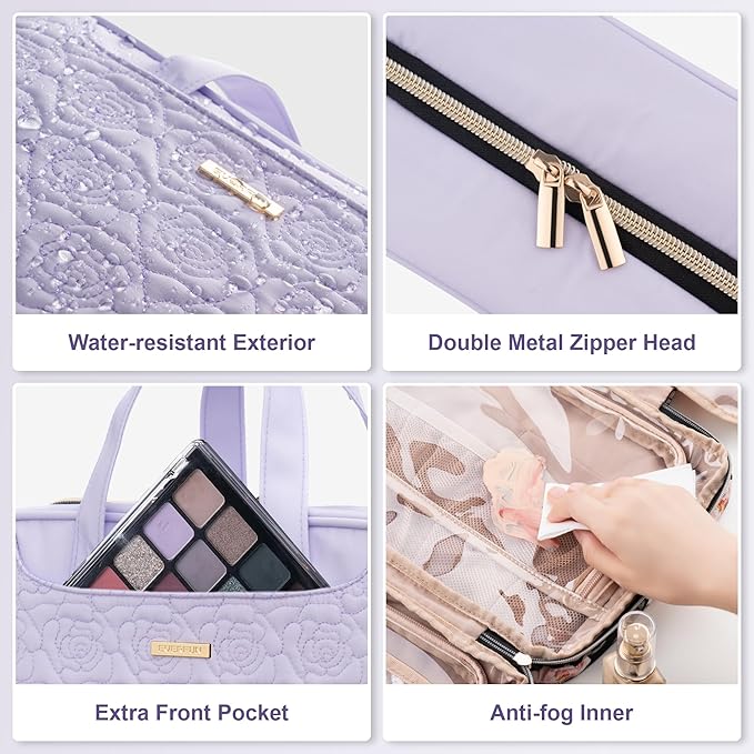 Everfun Hanging Toiletry Bag for Travel, Mothers Day Gift for Mom, 12x9x4.5 inch Large Capacity Cosmetic Organizer with Leakproof Wet/Dry Compartment, Waterproof Dopp Kit for Women Light Purple