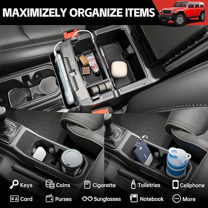 Center Console Organizer for 2018-2025 Jeep Wrangler JL JLU 4XE/Gladiator JT Hanging Center Console Armrest Box Cupholder Insert for Wrangler&Gladiator(Hanging+Armrest+Cupholder Organizer)