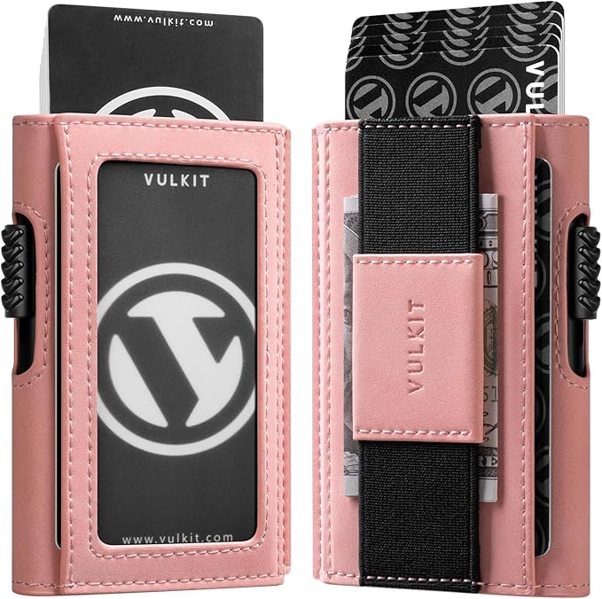 VULKIT Slim Aluminum Card Holder RFID Blocking with Outer Vegan Leather Sleeve, Pop-Up Card Wallet with ID Window and Elastic Strap for Money, Pink