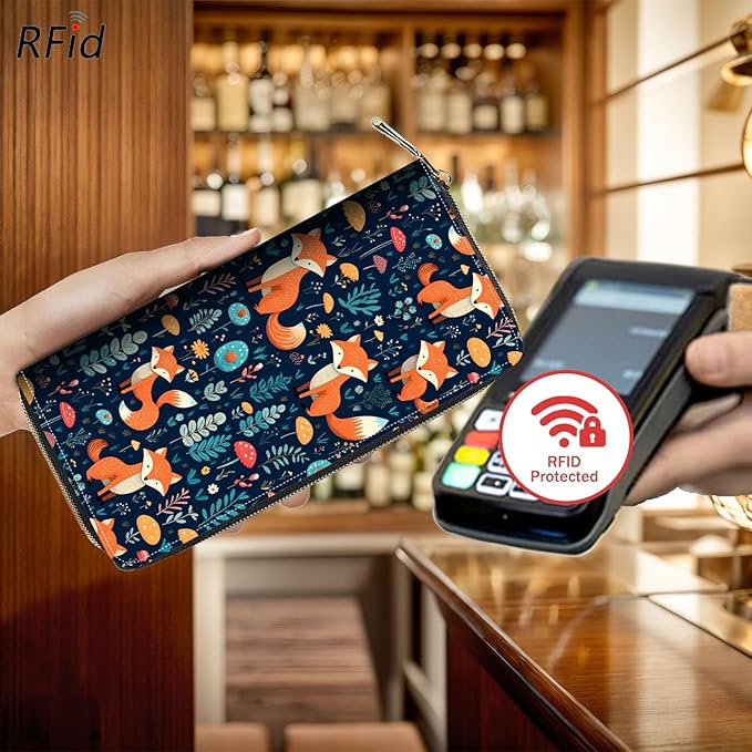 Bxgolkgd Womens Wallet, RFID Blocking Leather Wallet,Large Capacity Wallet Credit Card Holder PU Leather Ladies Clutch with Zipper Coin Pocket - Cute fox