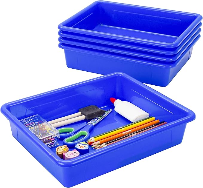 Storex Letter Size Flat Storage Tray – Organizer Bin for Classroom, Office and Home, Blue, 5-Pack (62517A05C), 10 x 13 x 3 Inches