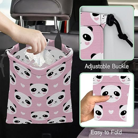 Lovely Panda Car Garbage Bag,Hearts Waterproof Small Car Trash Bag Hanging Back of Seat,Drawstring Hanging Car Trash Bag with Adjustable Buckle for Car Accessories