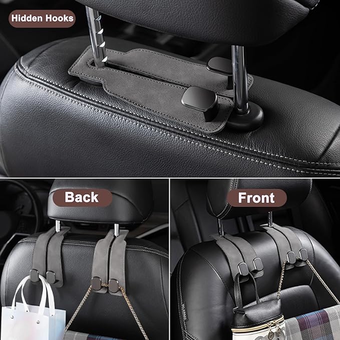 2 Pack Car Seat Back Hooks for Jeep Compass 2017 2018 2019-2022 2023 2024 Suede Metal Interior Hanger Organizer Heavy Duty Durable Headrest Storage Accessories,Brown